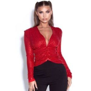 Tate Red Sequined Long Sleeve Deep V Top